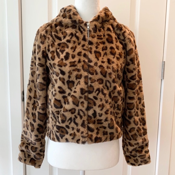 Leopard Faux Fur Hoodie Crop Jacket Hoodie XS - Picture 11 of 14